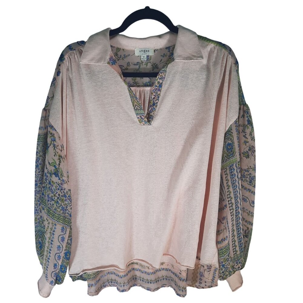 UMGEE Mix Media Balloon Sleeve Floral Lightweight Blouse